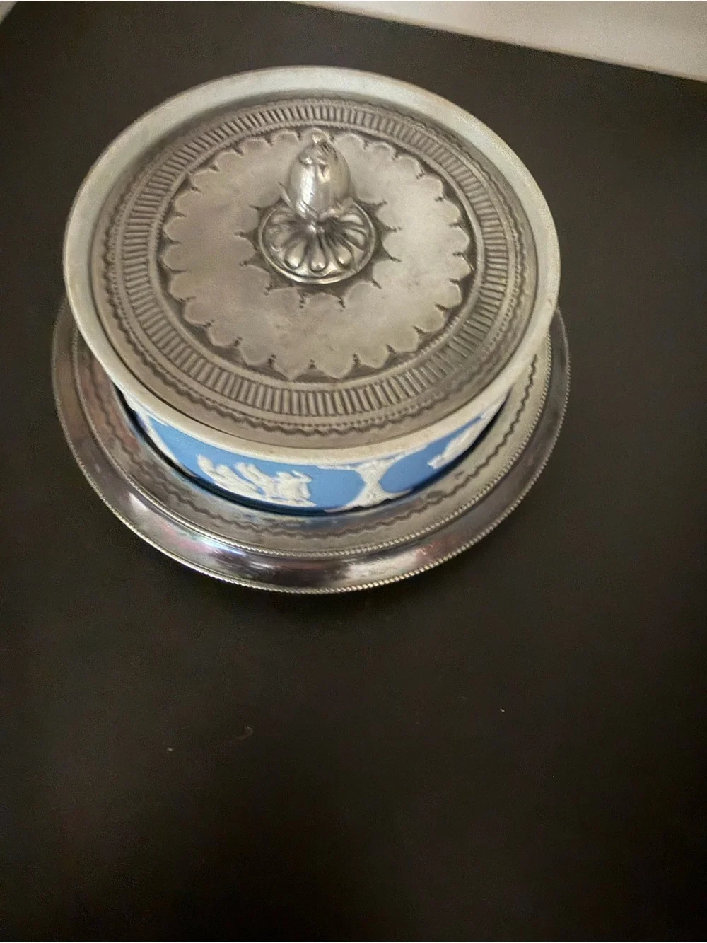 Antique Wedgwood Light Blue Jasperware Lidded Butter Dish w/ Silverplate Stand